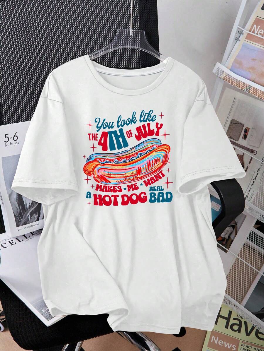 Camiseta de mujer con estampado rojo, blanco y azul del Día de la Independencia. Camiseta de manga corta relajada y fresca, cómoda y de alta calidad para primavera/verano, perfecta para crear un atuendo elegante para el Día de la Independencia. - Blanco - Ver 1