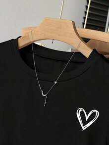 Camiseta de manga corta casual y sencilla para mujer, para uso diario - Negro - Ver 3