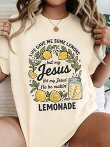 Nueva Camiseta de Moda 2026 para Mujer LIFEGAVEMESOMELEMONSBUTMYJESUSHEBEMAKIN'LEMONADE, Camiseta Gráfica Negra, Casual, Cuello Redondo, Manga Corta, con Ilustración de Limón y Frasco Mason, Camiseta de Algodón Suave y Transpirable para Uso Diario, Top de Verano Cómodo y Elegante para Fiesta, Camisetas Casuales de Talla Grande, Camisetas Coquetas y Lindas, Conjuntos de Vacaciones para Mujer, Blusas Holgadas para Mujer, Camisa - Albaricoque - Ver 5