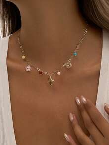 Nooxian 1pc Women's Necklace, Bohemian Beach Tassel Layered Style, Copper Zirconia Airplane Map Pink Camera Pendant, Dopamine Colorful Natural Stone Turquoise Beads Paperclip Chain Necklace, Daily Accessory Gift - Yellow Gold - View 4