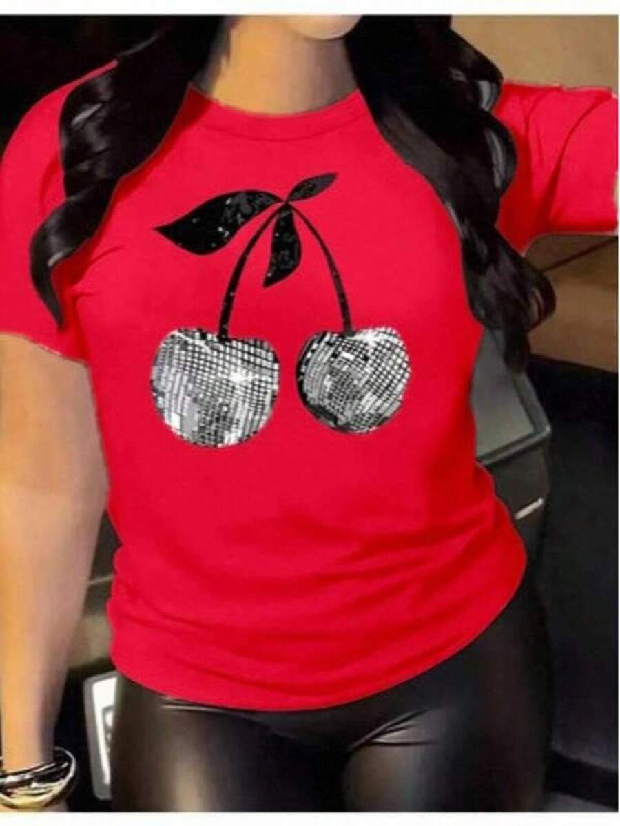 Playera básica mujer dama cuello redondo manga corta estampado cereza cherry casual algodón comodidad estilo moderno versatilidad moda casual outfit diario| Textura Suave Fortiz2026 - Rojo - Ver 1