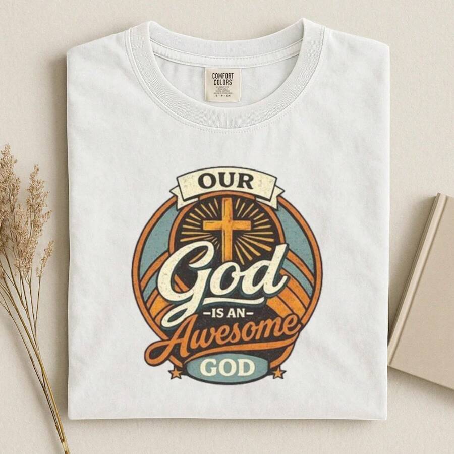 Nuestro Dios Un Dios Asombroso Camiseta, Camiseta de Fe Cristiana, Camiseta con Cruz, Ropa de Adoración, Camiseta con Versículo Bíblico, Equipo de Iglesia Basado en la Fe - Blanco - Ver 1
