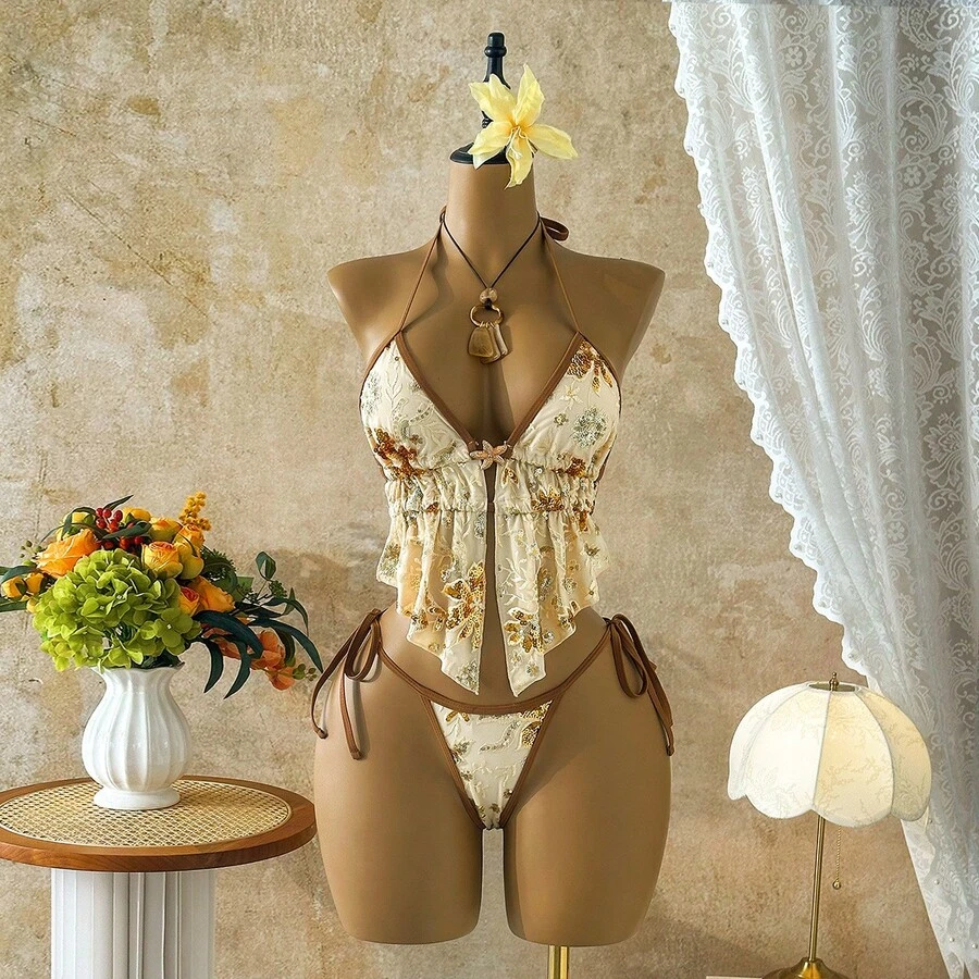 2026 New And Sexy Floral Sequin Two-Piece Swimsuit For Beach Vacation - 407-2咖色花 - 查看 1