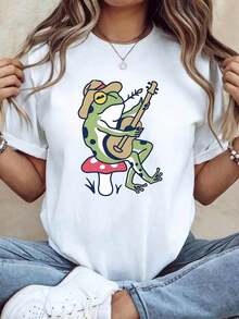 Camiseta de Mujer con Estampado de Rana Jugando la Guitarra sobre un Hongo, Estilo Retro Divertido, Manga Corta, para Festivales de Música, Campamentos al Aire Libre, Estilo Casual, Talla Estándar, Básica - Blanco - Ver 7