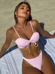Nuevo bikini de dos piezas de tela especial de color sólido con lazo. - Albaricoque - Ver 10
