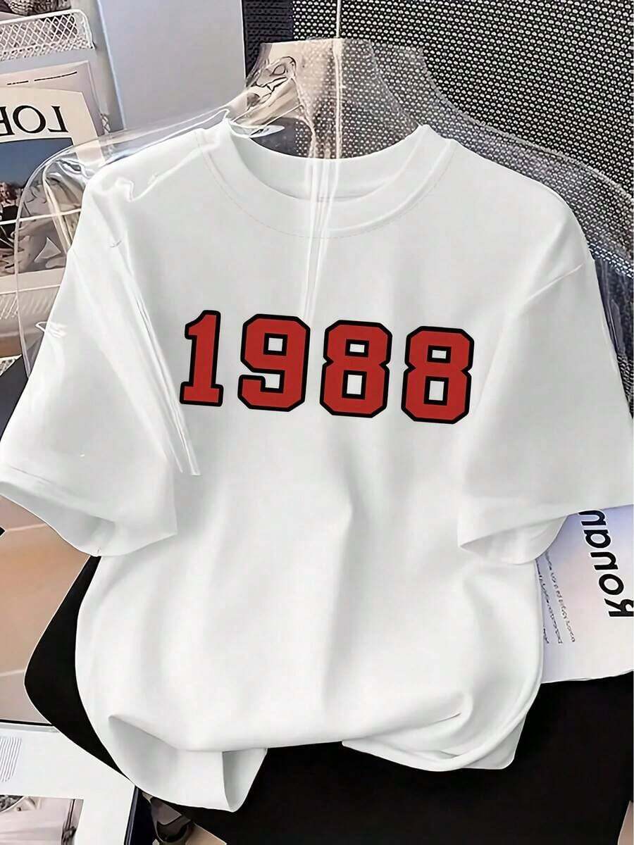 Camiseta de Estilo Vintage con Estampado Digital 1988, Manga Corta, Cuello Redondo Casual, Ropa de Mujer para Primavera Verano, Transpirable y Cómoda - Blanco - Ver 1