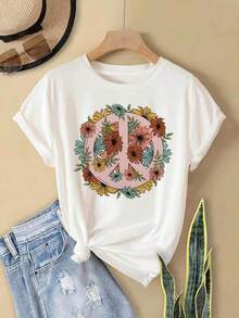 Camisetas de manga corta de talla grande, suaves y transpirables para mujer - Tops casuales de corte holgado para uso diario, estilo hippie con estampado floral vintage y símbolo de la paz (Flower Power Pea Sign), camiseta de manga corta con cuello redondo para mujer para primavera y verano, adecuada para compras informales, regalos navideños, reuniones de amigos, fiestas de música y ropa de vacaciones. Transpirable y cómoda. - Blanco - Ver 1