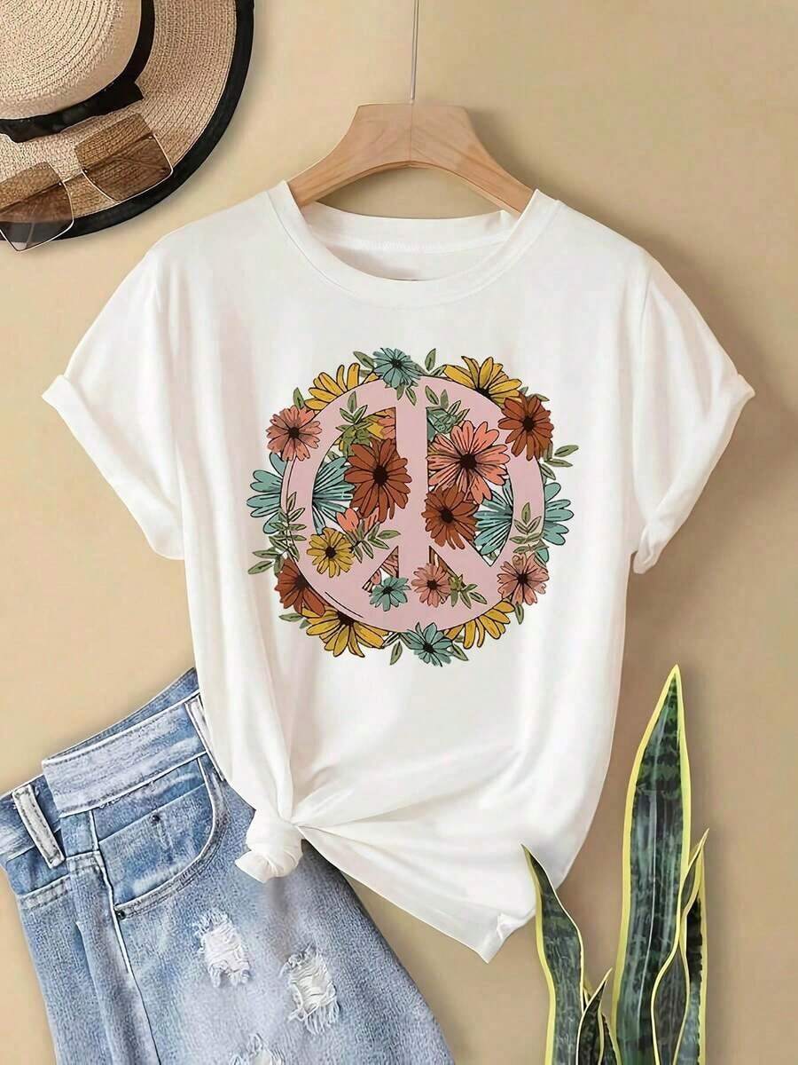 Camisetas de manga corta de talla grande, suaves y transpirables para mujer - Tops casuales de corte holgado para uso diario, estilo hippie con estampado floral vintage y símbolo de la paz (Flower Power Pea Sign), camiseta de manga corta con cuello redondo para mujer para primavera y verano, adecuada para compras informales, regalos navideños, reuniones de amigos, fiestas de música y ropa de vacaciones. Transpirable y cómoda. - Blanco - Ver 1