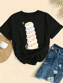 Camiseta con Estampado de Hámster para Mujer, Algodón Suave, Corte Holgado, Casual, Cómoda, Diseño Gráfico Único, Nuevo Lanzamiento - Negro - Ver 2
