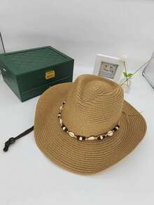 Panama Straw Hat, Shell Chain Cowboy Straw Hat, Straw Woven Sun Hat, Beach Resort Straw Hat, Lightweight Breathable UV Protection, Suitable For Travel, Daily Wear, Holiday Gift - Panama Straw Cowboy Hat - View 9
