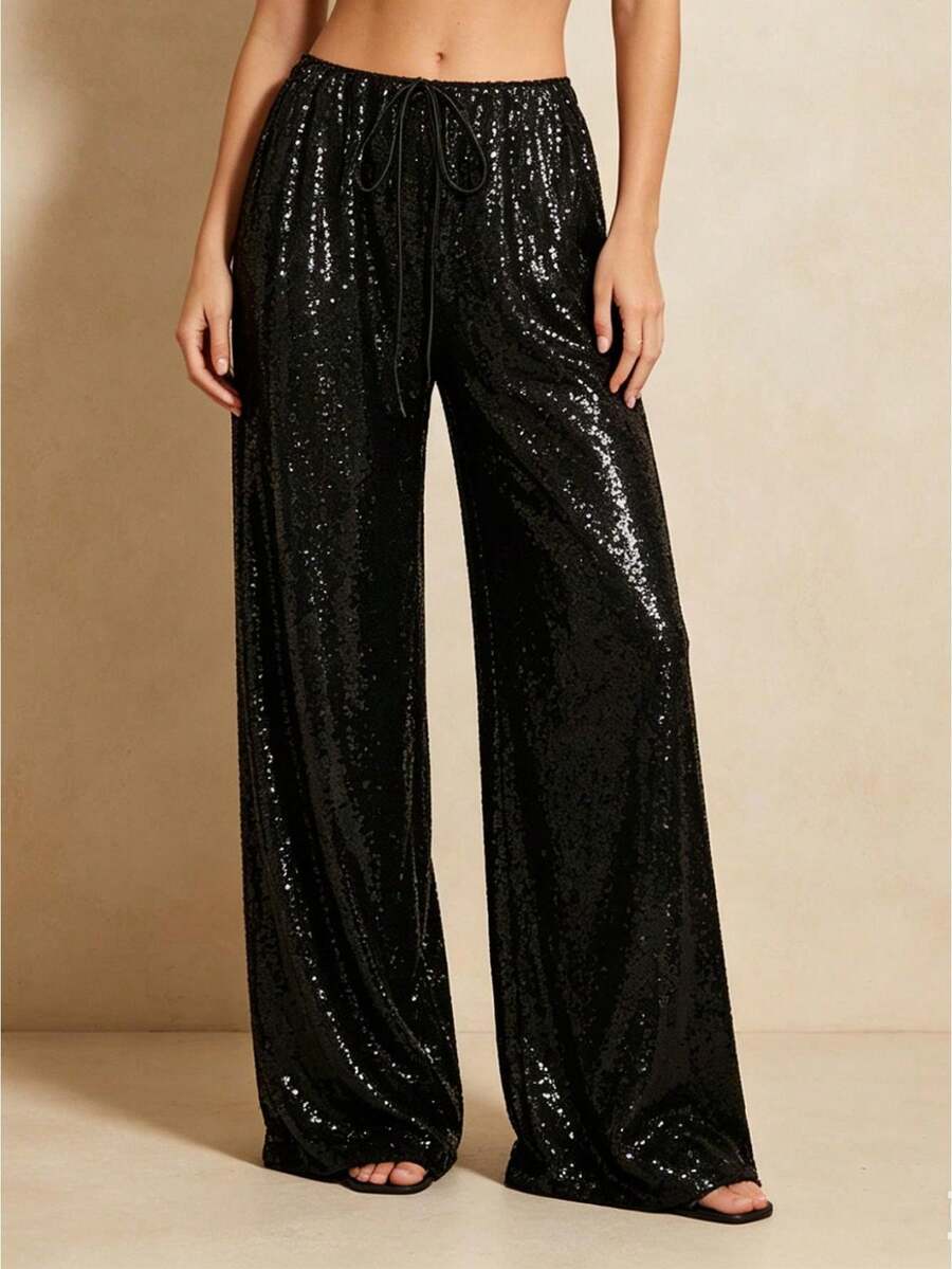 Women's Sparkle Sequin Pants Lightweight Elastic Waist Wide Leg Loose Pants Trousers - Negro - Ver 1