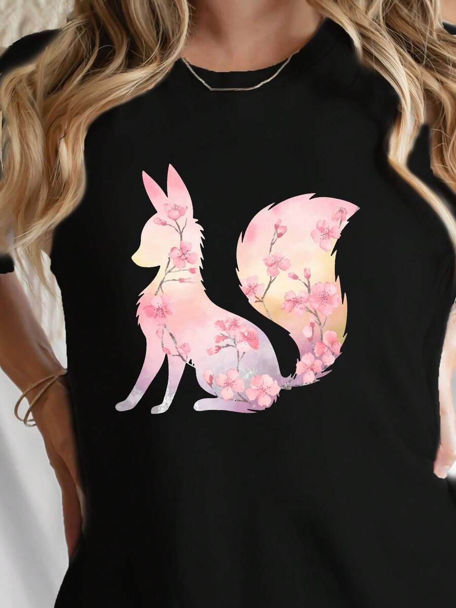 Soft 100% Cotton T-Shirt With A Kitsune Design And Cherry Blossom Print, Perfect For Casual Wear In Spring And Summer, Designed For Women. Breathable Cotton T-Shirt, Goes With Everything. - 黑色 - 查看 1