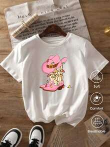 Camiseta de cuello redondo y mangas cortas de ropa fashion, fabricada en México, para la temporada primavera-verano 2025. Con estampado de dibujos animados, es un modelo de pareja, apta para usar tanto por dentro como por fuera, ideal para oficina y estilo casual, diseñada para hombres y mujeres, en unidad individual. - Blanco - Ver 1