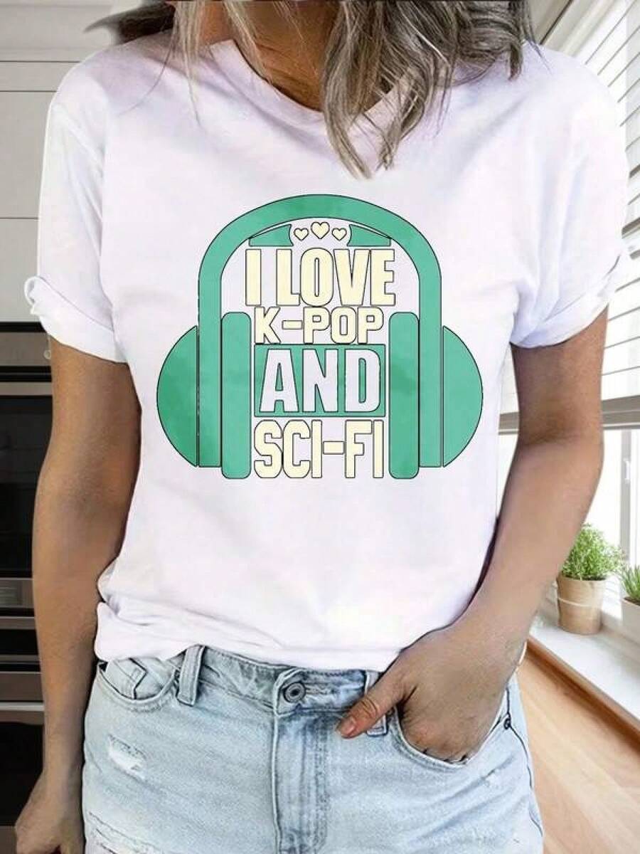Me encanta el K-Pop y la música de ciencia ficción, camiseta con diseño de auriculares para mujeres y hombres, unisex, casual, a la moda, 220g, ropa de hombre, cosas para hombre, ropa de mujer, blusas casuales bonitas. - Blanco - Ver 1