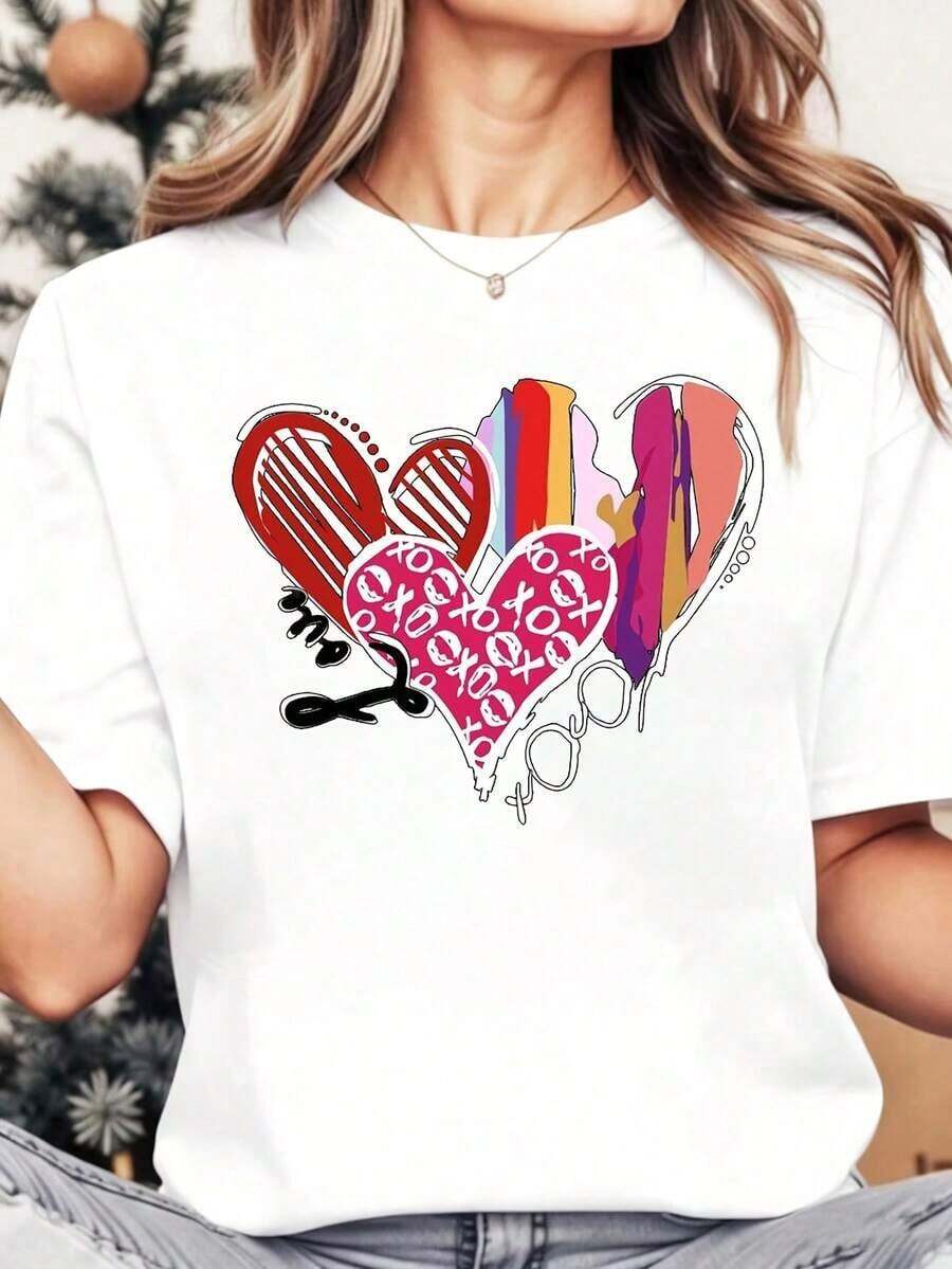 Camiseta Vintage para Mujer con Cuello Redondo, Estampado de Corazones Coloridos y Texto, Manga Corta para Uso Casual, Camiseta Gráfica - Blanco - Ver 1