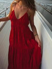 Vestido mujer primavera nuevo liso pliegues corte ajustado elegante estilo oficina moda europea chic - Rojo - Ver 5