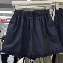 Shorts Casuales con Encaje Blanco y Parches para Mujer, Cintura Alta, Pierna Ancha, Pantalones de Playa para Vacaciones, Shorts Holgados y Finos para el Hogar - Negro - Ver 4