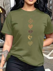 T-Shirt With An Artistic Heart Print Featuring Multiple Designs. Modern And Breathable, Suitable For Family Trips, College Activities, Casual Sports, Daily Commutes, Matching Sister Outfits-A Versatile Tee. E89T - 綠色 - 查看 2