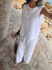 Conjunto de 2 piezas de 100% algodón para mujer de PoPoHouse, con top sin mangas con cuello y pantalones anchos de pierna ancha, adecuado para uso casual diario, oficina, transporte, vacaciones de verano en la playa, conjunto blanco - Blanco - Ver 5