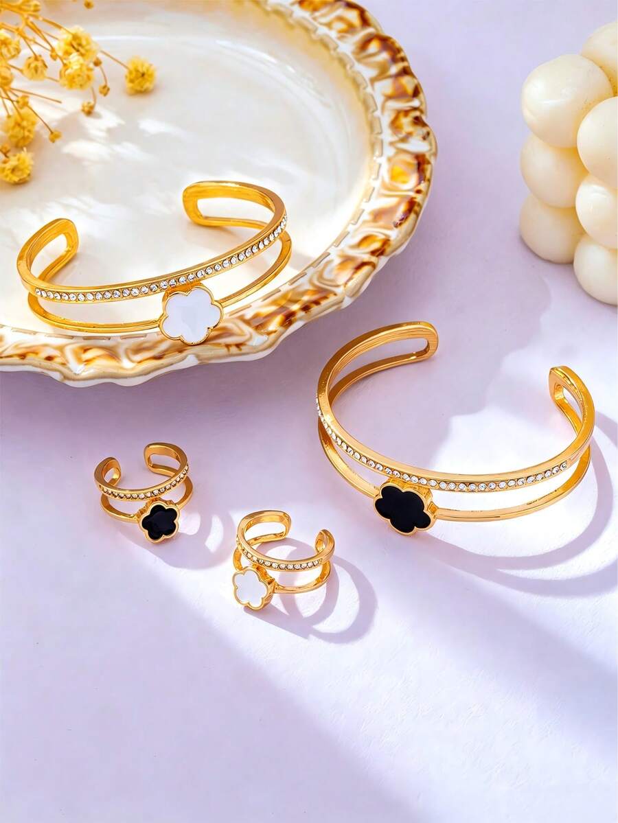 1 Set New Fashionable Gold Flower Bracelet And Ring Set, Suitable For Women's Daily Wear, Parties, Galas, Holidays Gift - Flower - View 1