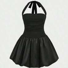 Women's Sexy Halter Neck Dress, Luxury Niche High-End Elegant Evening Party Birthday Puff Mini Dress Pink Summer - Azul Marino - Ver 3