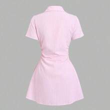 Sweetro Sweet & Fresh Pink Short Sleeve Shirt Dress, Waist Cinched Slimming Stylish Blouse Dress For Summer - Azul Marino - Ver 3