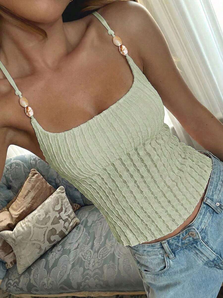 de tirantes ajustada de unicolor casual para mujer Vaiaye, con decoración de concha, textura de jacquard, adecuada para la playa, el Día de San Patricio y el trayecto al trabajo en verano - Verde - Ver 1