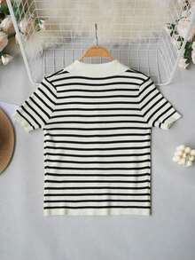 de punto con cuello polo y mangas raglán cortas para mujer, ligera y versátil, ideal para primavera/verano - tiras de albaricoque negro - Ver 7