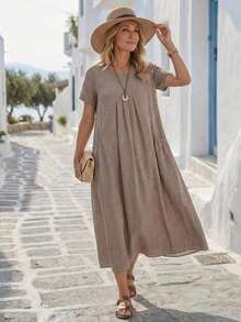Vestido casual de mujer de unicolor con doble bolsillo - Marrón - Ver 1