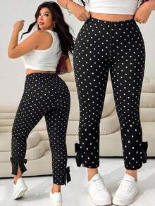 Pantalones casuales ajustados de color negro con decoración de moño y abertura lateral para mujer de talla grande, para verano, otoño, lindos, vacaciones en la playa, estilo occidental, concierto de música country, escuela, brunch - Blanco y Negro - Ver 1