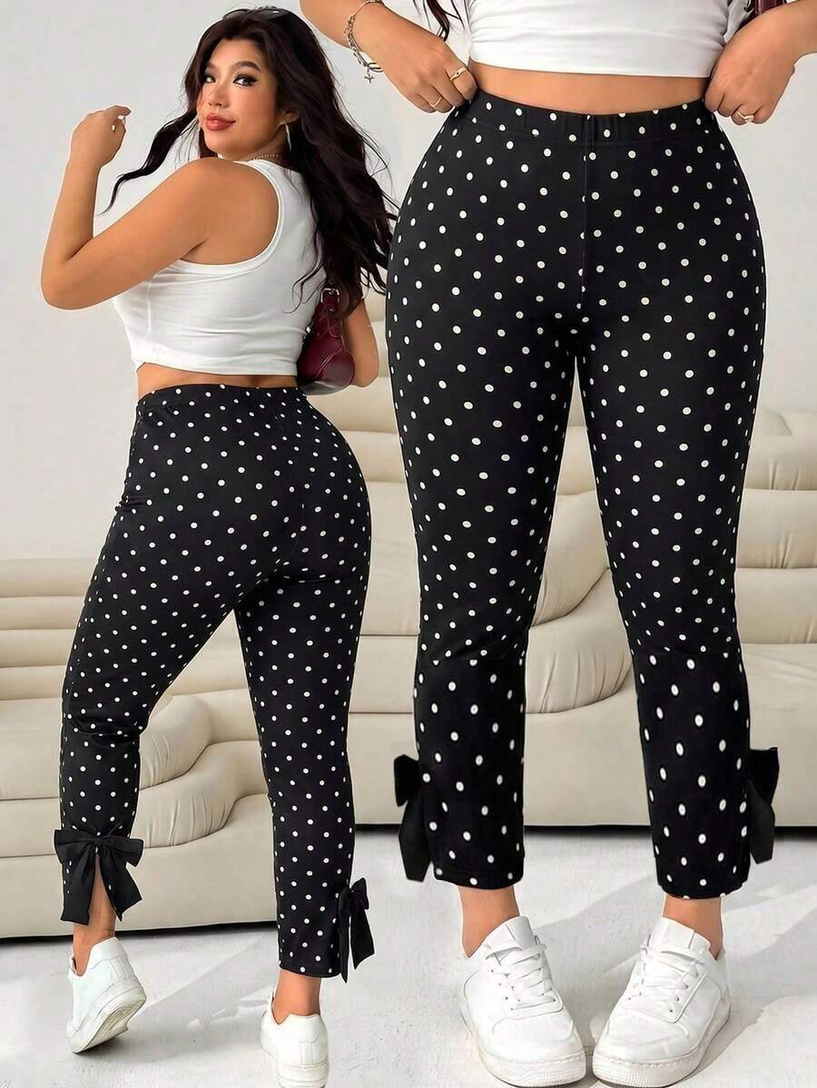 Pantalones casuales ajustados de color negro con decoración de moño y abertura lateral para mujer de talla grande, para verano, otoño, lindos, vacaciones en la playa, estilo occidental, concierto de música country, escuela, brunch - Blanco y Negro - Ver 1