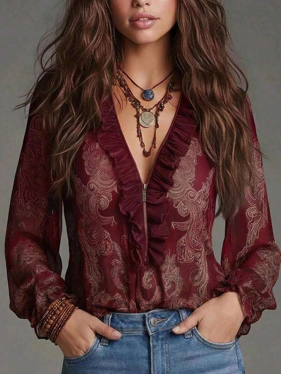 Camisa de chifón estampada de verano para mujer de , blusa transparente con patrón floral barroco y paisley para vacaciones y desplazamientos en primavera y verano. - Rojo oscuro - Ver 1