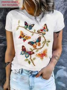 Camiseta Casual de Manga Corta con Cuello Redondo y Estampado de Mariposas para Mujer, Corte Regular, de Poliéster para Conjuntos de Primavera, Tela Ligeramente Elástica UM4Q - Blanco - Ver 1