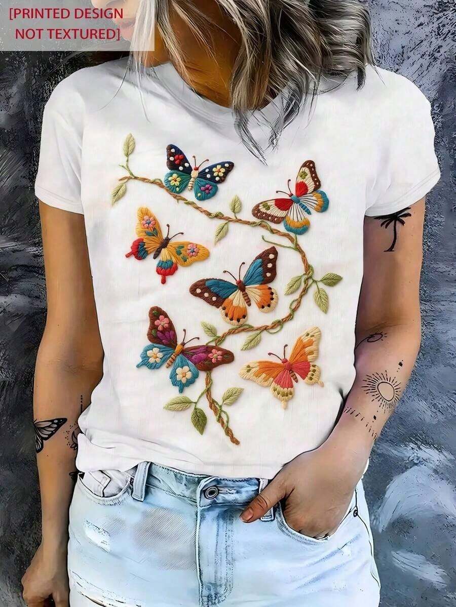 Camiseta Casual de Manga Corta con Cuello Redondo y Estampado de Mariposas para Mujer, Corte Regular, de Poliéster para Conjuntos de Primavera, Tela Ligeramente Elástica UM4Q - Blanco - Ver 1