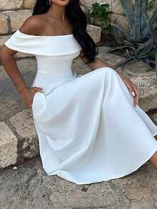 Vestido de mujer de unicolor con hombros descubiertos, nuevo vestido largo elegante y ajustado sin espalda para fiestas, uso diario y citas - Blanco 2 - Ver 5