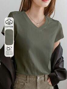 Camiseta de mujer de unicolor con cuello en V y manga corta, estilo de negocios casual de verano "Old Money" para ropa de trabajo de mujer - Verde Oscuro - Ver 7