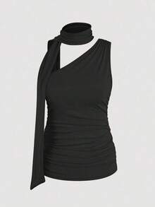 Camiseta sin mangas de mujer de unicolor, con cuello alto, pliegues calados - Negro - Ver 3