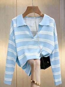 Camiseta holgada de murciélago a rayas de estilo casual para mujer, otoño - Azul - Ver 1