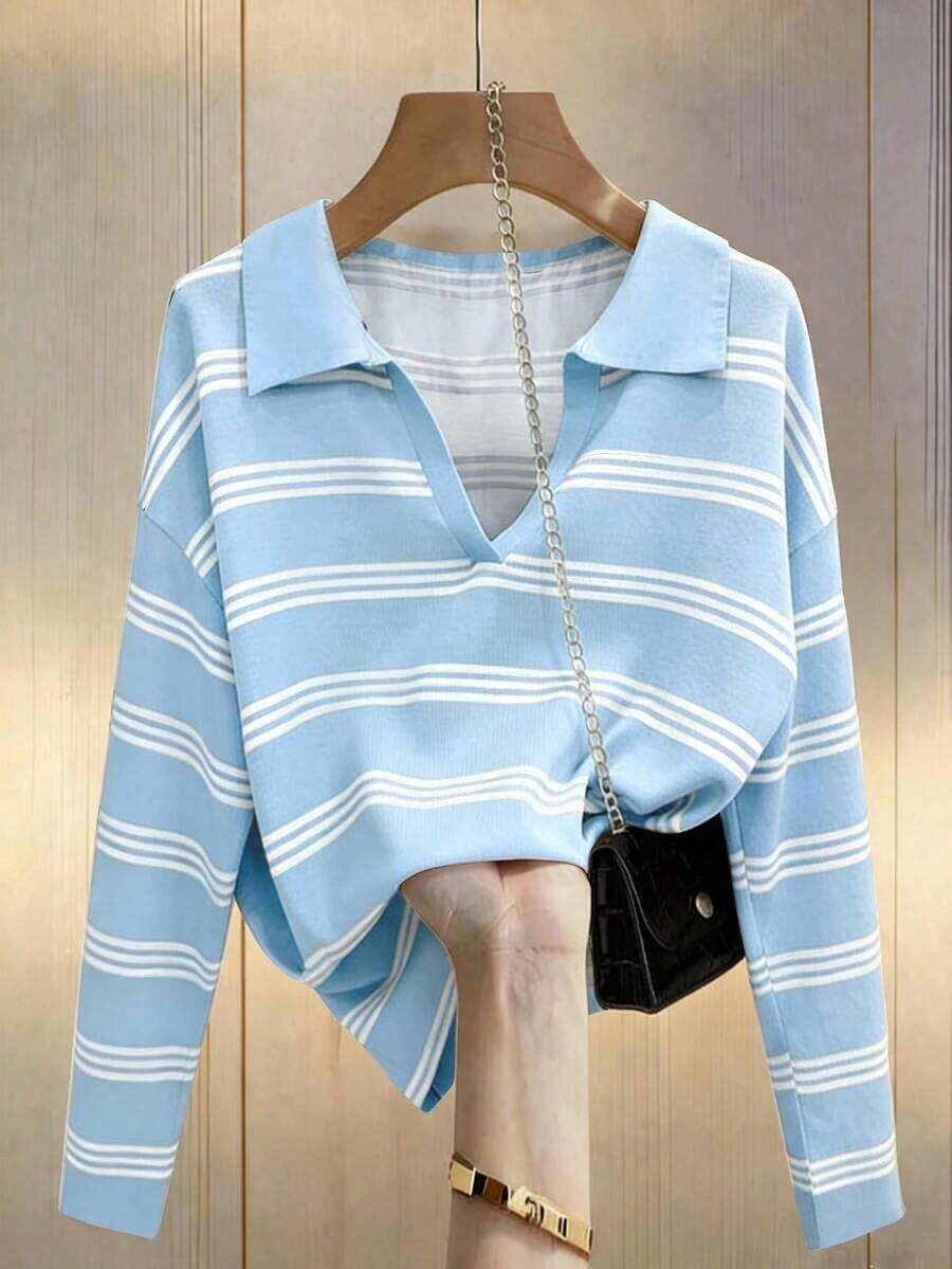 Camiseta holgada de murciélago a rayas de estilo casual para mujer, otoño - Azul - Ver 1