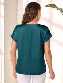Blusa suelta elegante de verano para mujer con cuello redondo, mangas cortas tipo murciélago y unicolor - Blusas de manga corta - Verde Oscuro - Ver 2