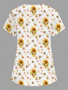 Blusa de mujer con cuello en V blanco, manga corta, con doble bolsillo, con estampado de dibujos animados lindos, estampado de animales de granja, uniforme de enfermera/médico, ropa de trabajo de unicolor para peluquería de mascotas, bata de labo - Blanco - Ver 2