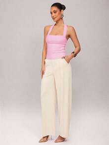 Camiseta de mujer de unicolor con cuello de halter ajustado - Rosa Pálido - Ver 7