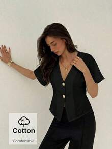 casuales elegantes de color blanco sólido con mangas de murciélago para mujeres, románticas para salir en verano - Negro - Ver 5