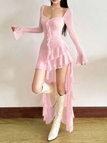 Vestido de manga larga con cuello cuadrado, cintura alta, ajustado, de unicolor vibrante, con dobladillo asimétrico, adecuado para fiestas y ocasiones casuales - Rosa - Ver 4
