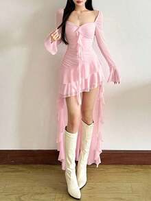 Vestido de manga larga con cuello cuadrado, cintura alta, ajustado, de unicolor vibrante, con dobladillo asimétrico, adecuado para fiestas y ocasiones casuales - Rosa - Ver 6