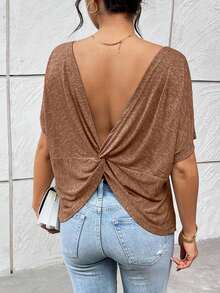 Camiseta gris de verano casual para mujer con escote trasero y nudo trenzado - Café integral - Ver 3