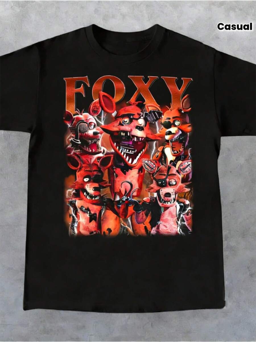 Retro Urban Style T-Shirt For Men And Women, With Striking "FOXY" Fox Print - Casual Short Sleeve Crew Neck T-Shirt In Red, Ideal For Everyday And Year-Round Wear, Creating An Eye-Catching Look - 黑色 - 查看 1