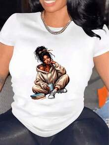 Women's Casual Short-Sleeve T-Shirt With Portrait Graphic Illustration, Summer Wear, Oversized T-Shirt, Casual Streetwear, Round Neck, Cotton, Summer Fashion, Loose-Fitting Everyday Outfit For Women, Suitable For Spring, Summer And Autumn. - 白色 - 查看 7