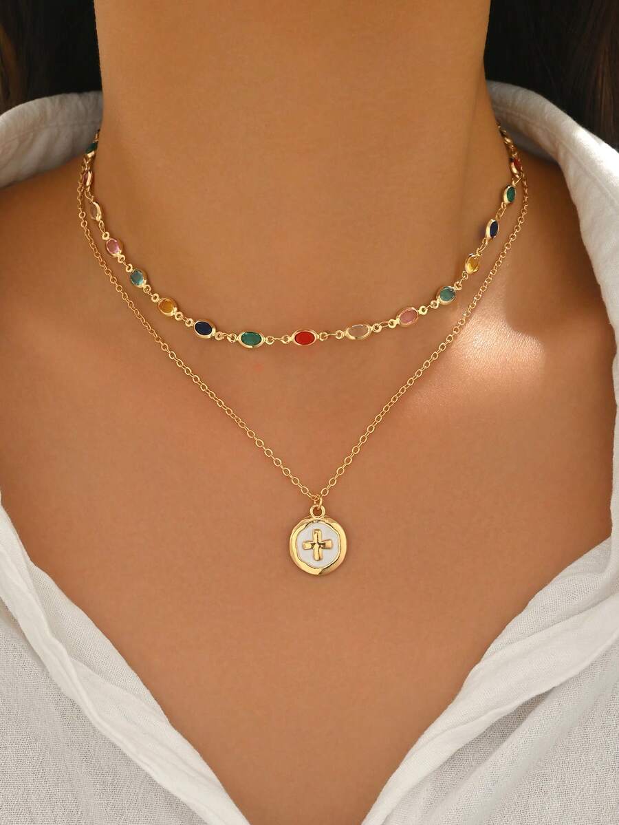 2pcs/Set Chic Luxury Style Dual-Layer Necklace, Fashion Versatile Colorful Oval Crystal Pendant & Cross Circular Charm Necklace, Suitable For Daily Wear, Beach, Date, Party, Music Festival, Chain Length Customizable, Random Crystal Color - Multicolor - View 1