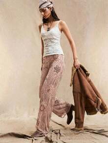 Pantalones rectos holgados de estilo bohemio con patrón de cuentas en color marrón para mujer, de verano - Rosa - Ver 3